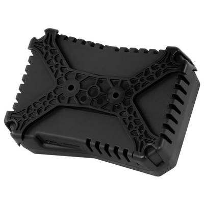 Étui rectangulaire robuste noir avec un dessus texturé en forme de X et des découpes latérales ressemblant à des évents sur un fond blanc