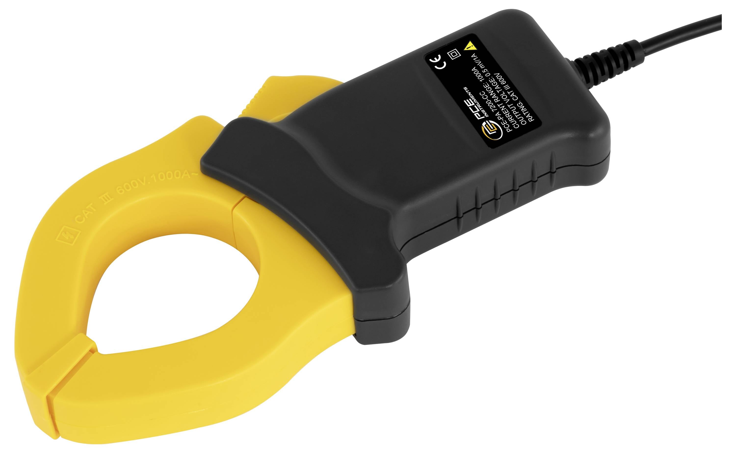 Transformateur de courant à pince de couleur jaune avec boîtier noir et câble attaché, présenté sur un fond blanc.