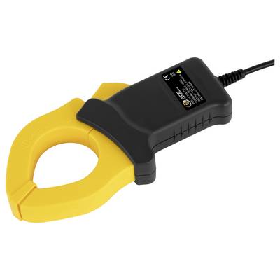 Transformateur de courant à pince de couleur jaune avec boîtier noir et câble attaché, présenté sur un fond blanc.