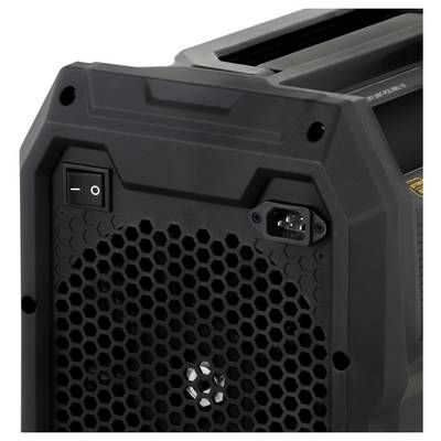 Gros plan d'un appareil portable noir robuste montrant un interrupteur d'alimentation, une grille en nid d'abeille et une prise d'alimentation CA sur le panneau arrière.