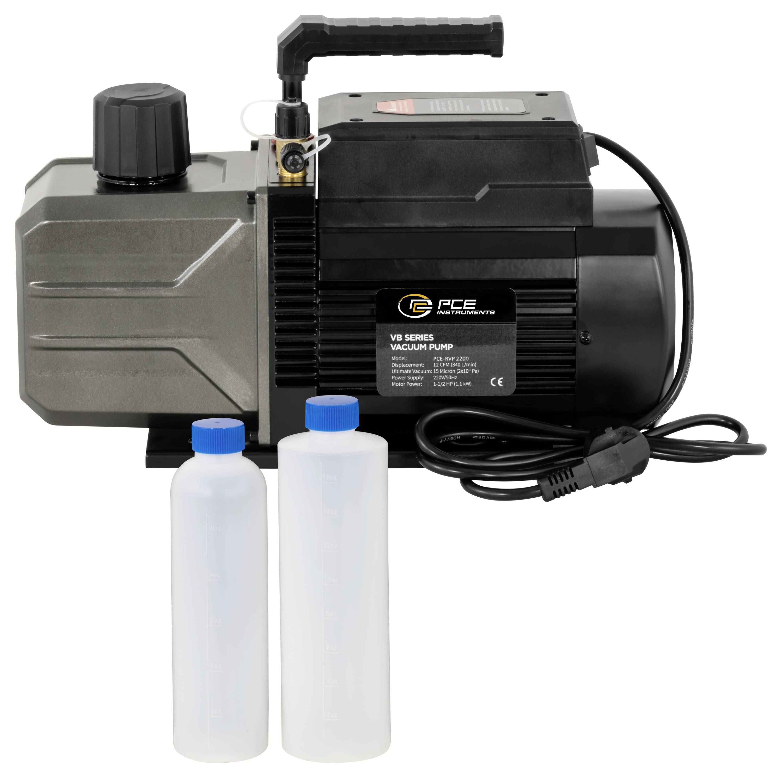 Pompe à vide de la série VR de PCE Instruments avec câble d'alimentation et deux bouteilles en plastique transparentes au premier plan.