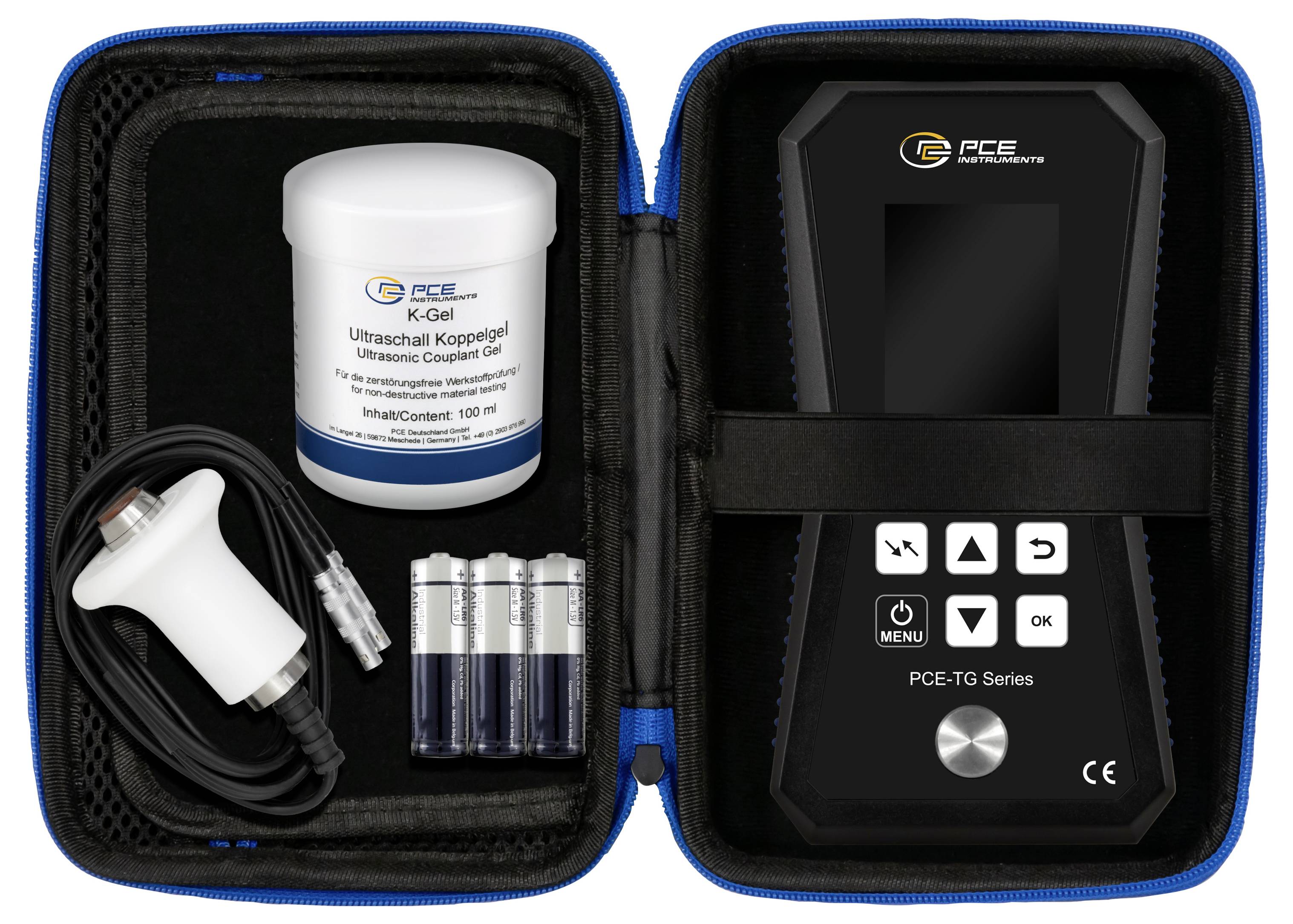 Mesureur d'épaisseur par ultrasons dans un étui avec gel, capteur, piles et accessoires. Écran et touches de commande pour le contrôle utilisateur.