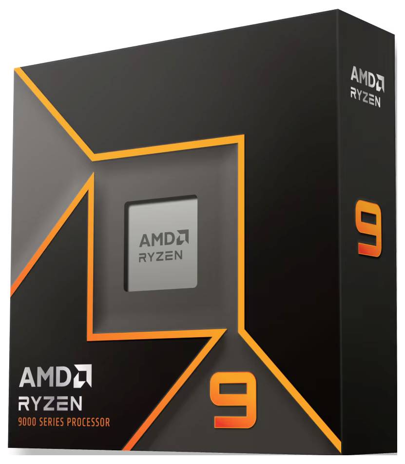 Un emballage pour un processeur AMD Ryzen 9 de la série 9000. Le boîtier est noir avec un design de lignes orangées.