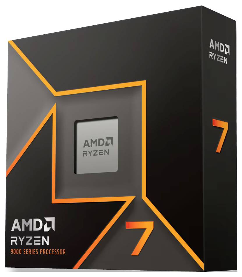 Processeur AMD Ryzen 7 9000 Series dans un emballage noir avec des accents orange.