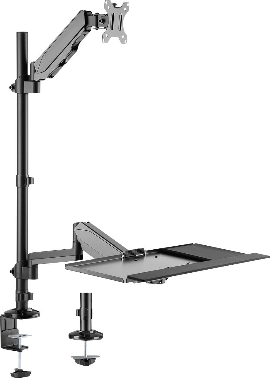 Support de moniteur avec bras ajustable et plateau pour ordinateur portable, conçu pour un montage sur bureau, adapté à l'aménagement ergonomique et économe en espace d'un poste de travail.