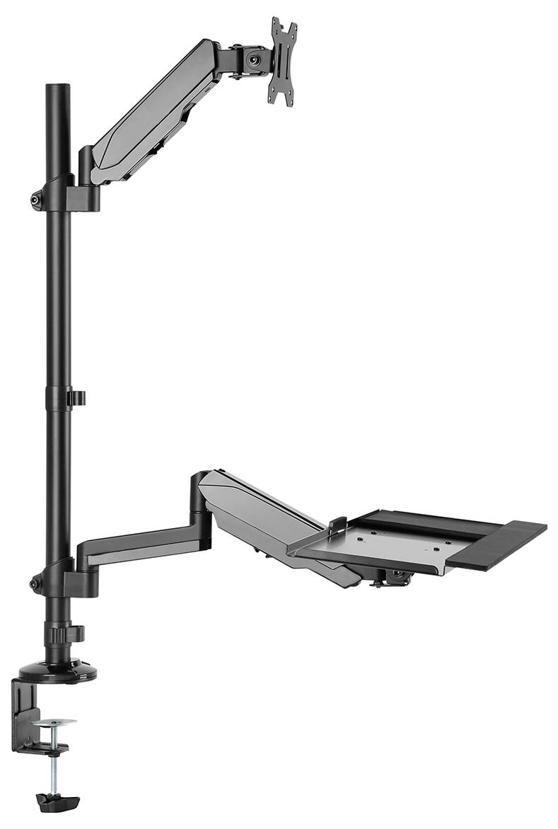 Support de moniteur avec bras réglable et plateau pour ordinateur portable. Fixé à une table, il permet un positionnement flexible du moniteur et de l'ordinateur portable.