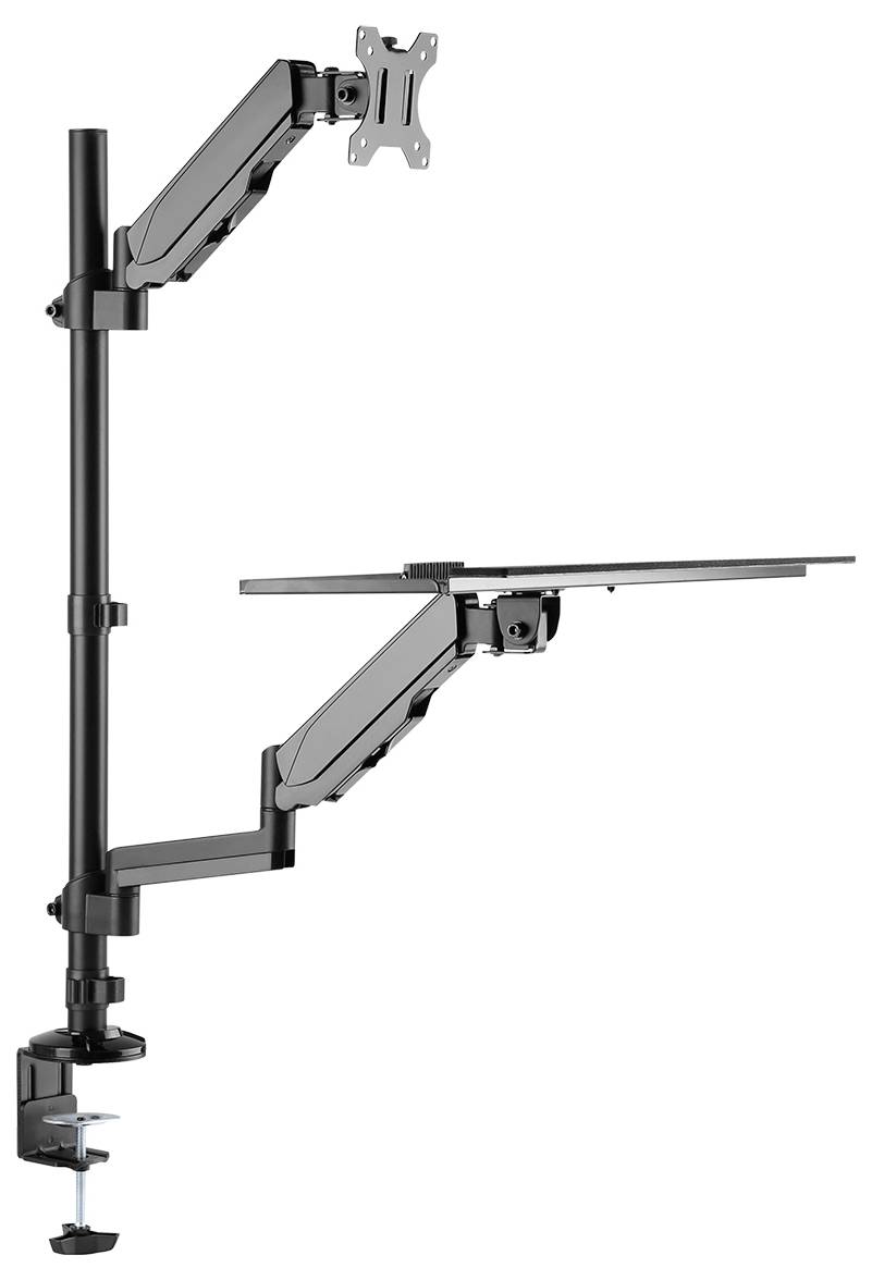 Support de moniteur en métal avec bras ajustables, fixé par pince sur le bord d'une table. Adapté pour installer des moniteurs ou des ordinateurs portables.