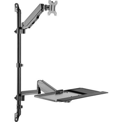 Un bras de moniteur réglable avec une tablette pour clavier et souris, monté sur une tige fixée à un bureau.