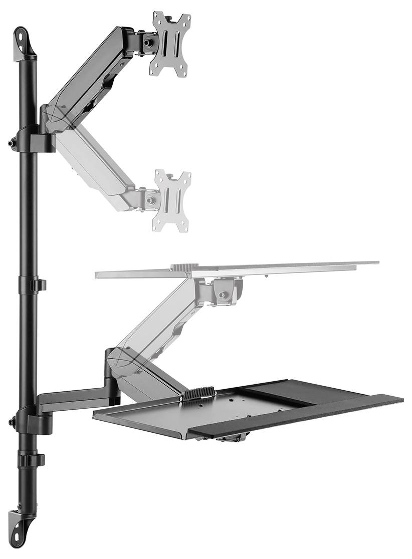 Deux bras de moniteur réglables avec une tablette supplémentaire pour clavier ou ordinateur portable, montés sur un support vertical.