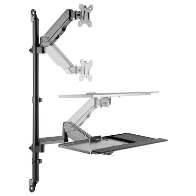 Deux bras de moniteur réglables avec une tablette supplémentaire pour clavier ou ordinateur portable, montés sur un support vertical.