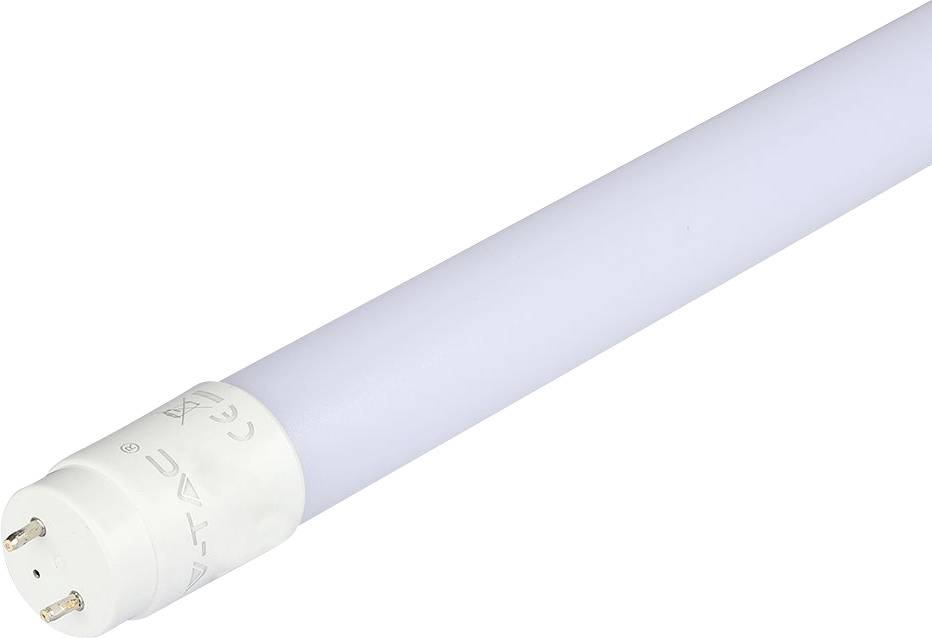 Un tube LED blanc avec deux contacts métalliques à une extrémité.