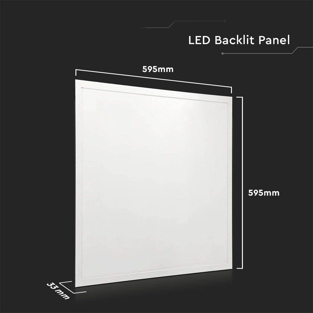 Panneau LED de forme carrée, 595x595 mm, avec cadre blanc, indiquant les dimensions sur le côté en millimètres.