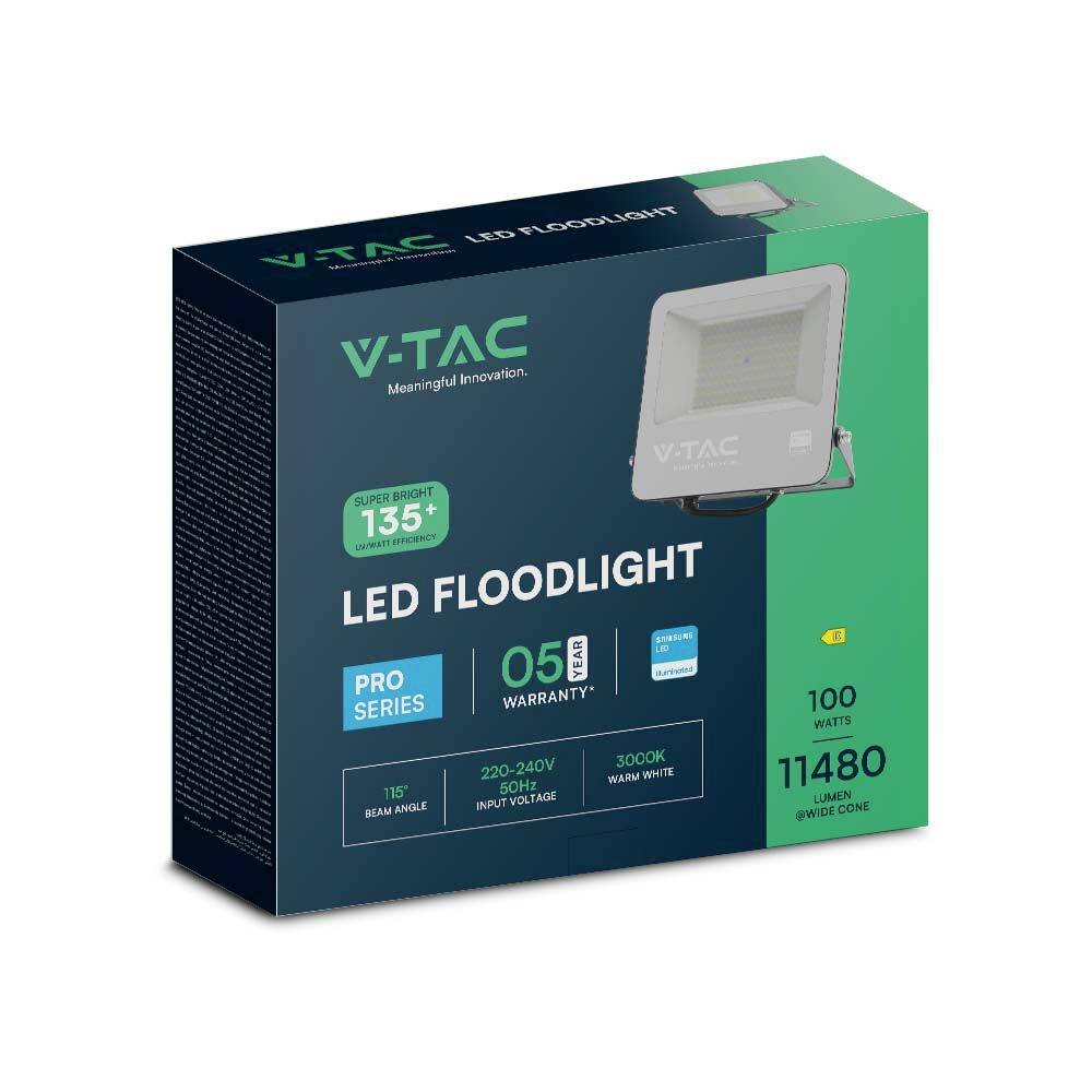 Emballage d'une lampe de projecteur LED de la marque V-TAC. Caractéristiques du produit : Angle de diffusion de 135°, 100 Watts, 11 480 lumens, Garantie de 5 ans.