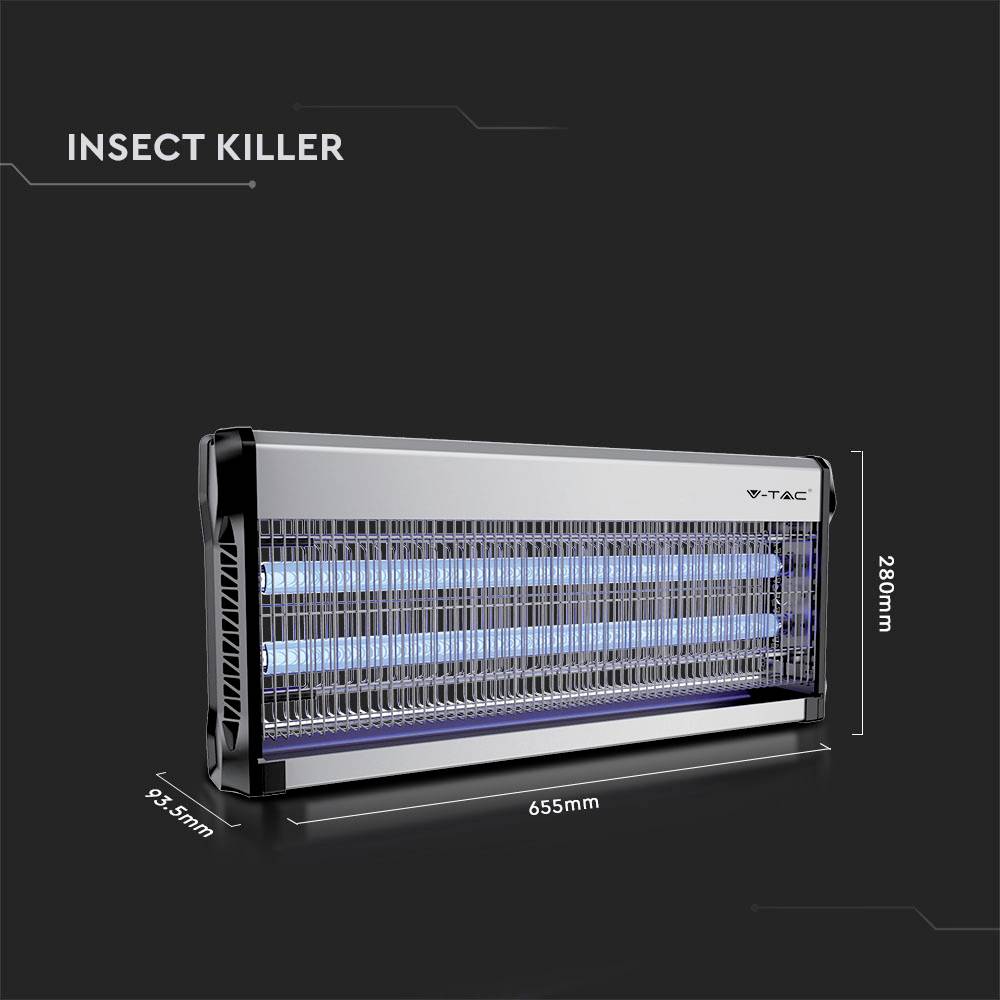 Un appareil électrique de destruction d'insectes avec deux lampes UV bleues, représenté dans une vue latérale, dimensions : 655 mm x 94,5 mm x 280 mm.