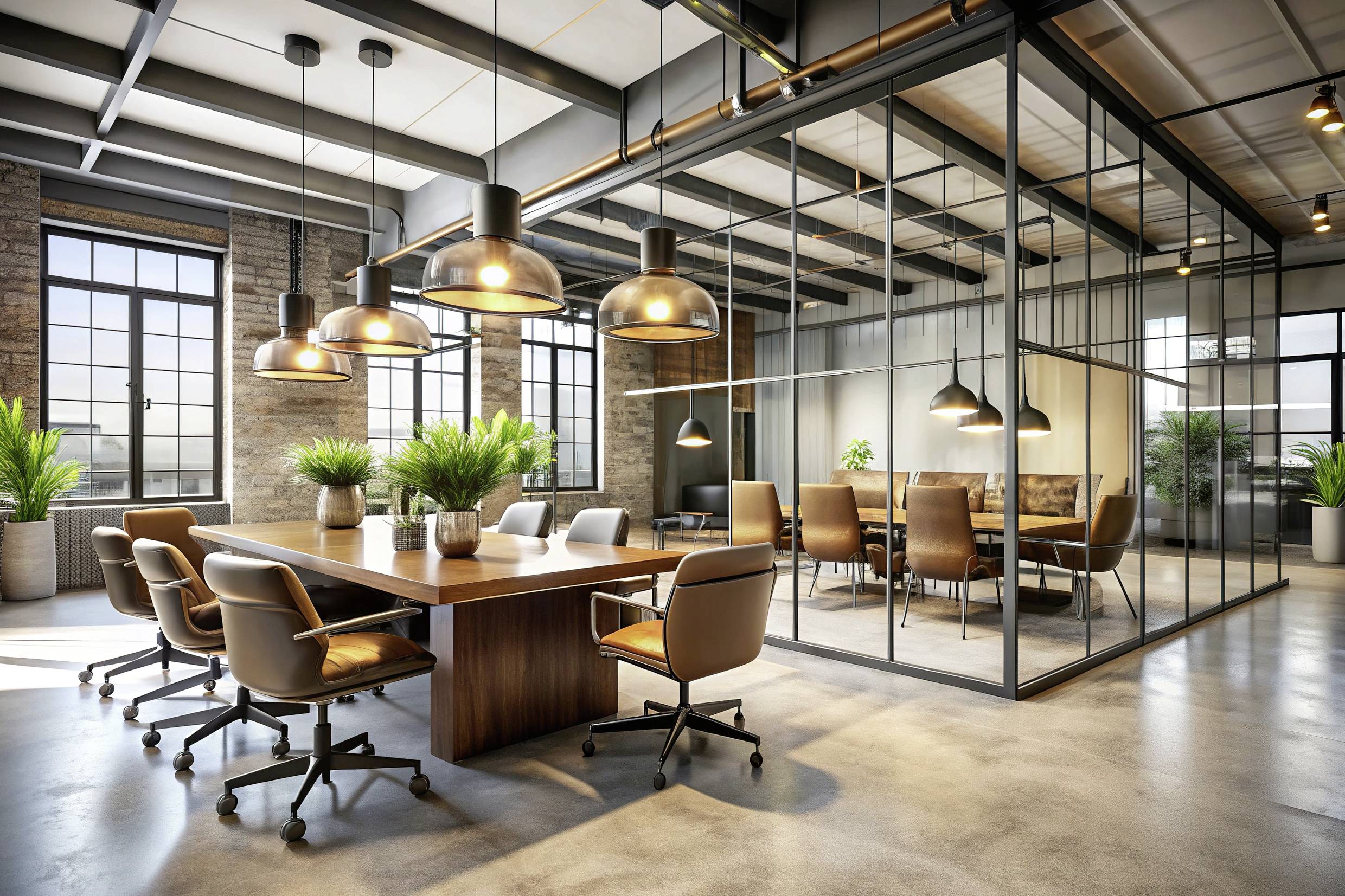 Salle de réunion moderne avec table en bois, fauteuils en cuir et plantes. De grandes fenêtres offrent une lumière naturelle, des cloisons vitrées.