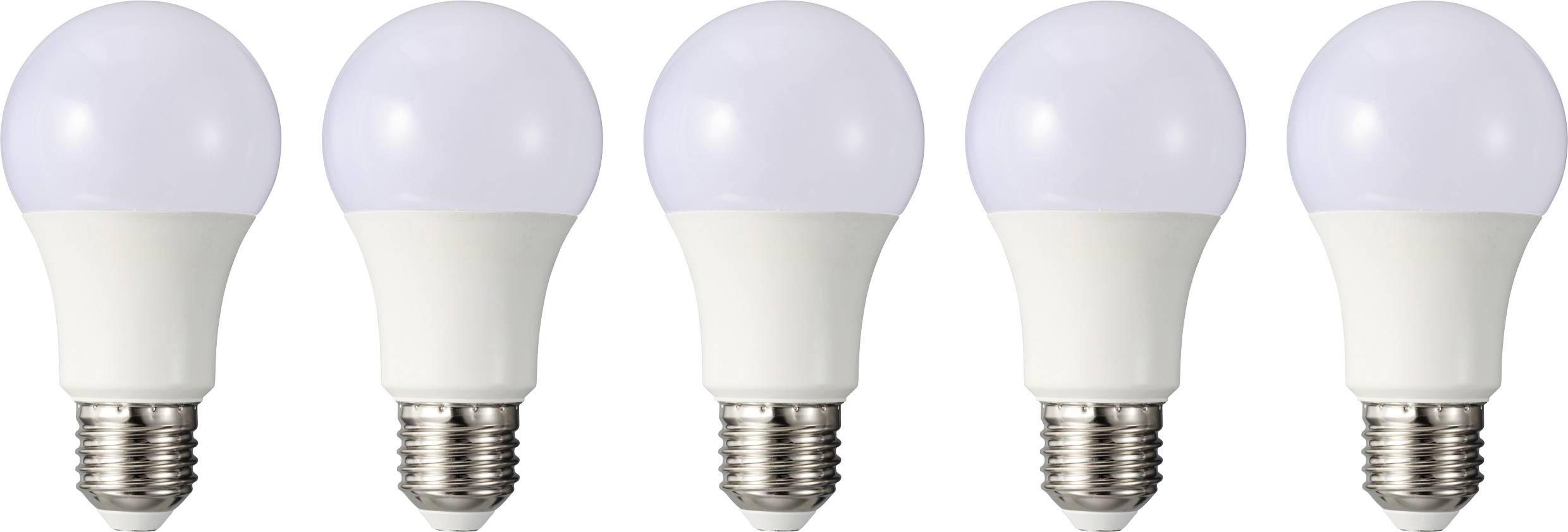 Cinq ampoules LED identiques côte à côte sur un fond blanc, disposées de manière symétrique.