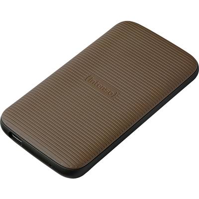 Disque dur externe à surface marron texturée, marque 'Intenso'.