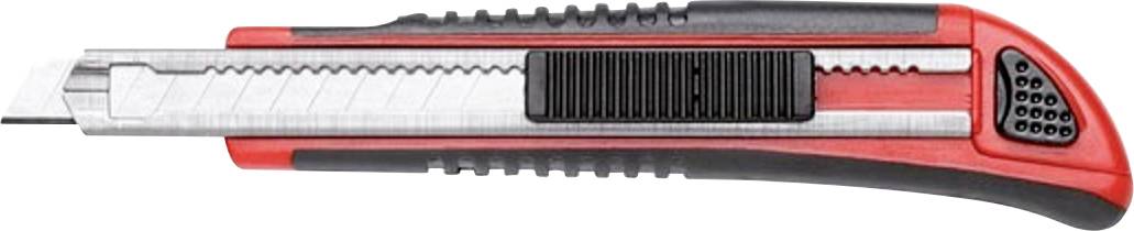 Un cutter rouge et noir avec une lame rétractable et une poignée striée est posé sur une surface blanche.