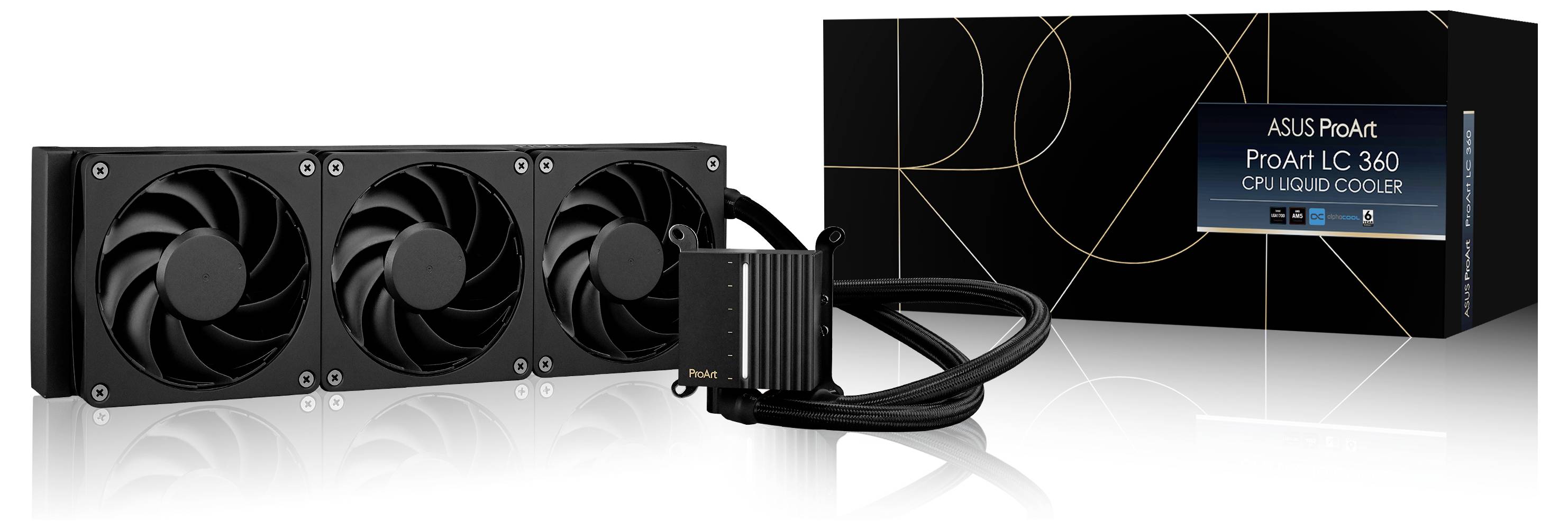Refroidisseur liquide CPU ASUS ProArt LC 360 avec trois ventilateurs. Emballage au design moderne en arrière-plan.