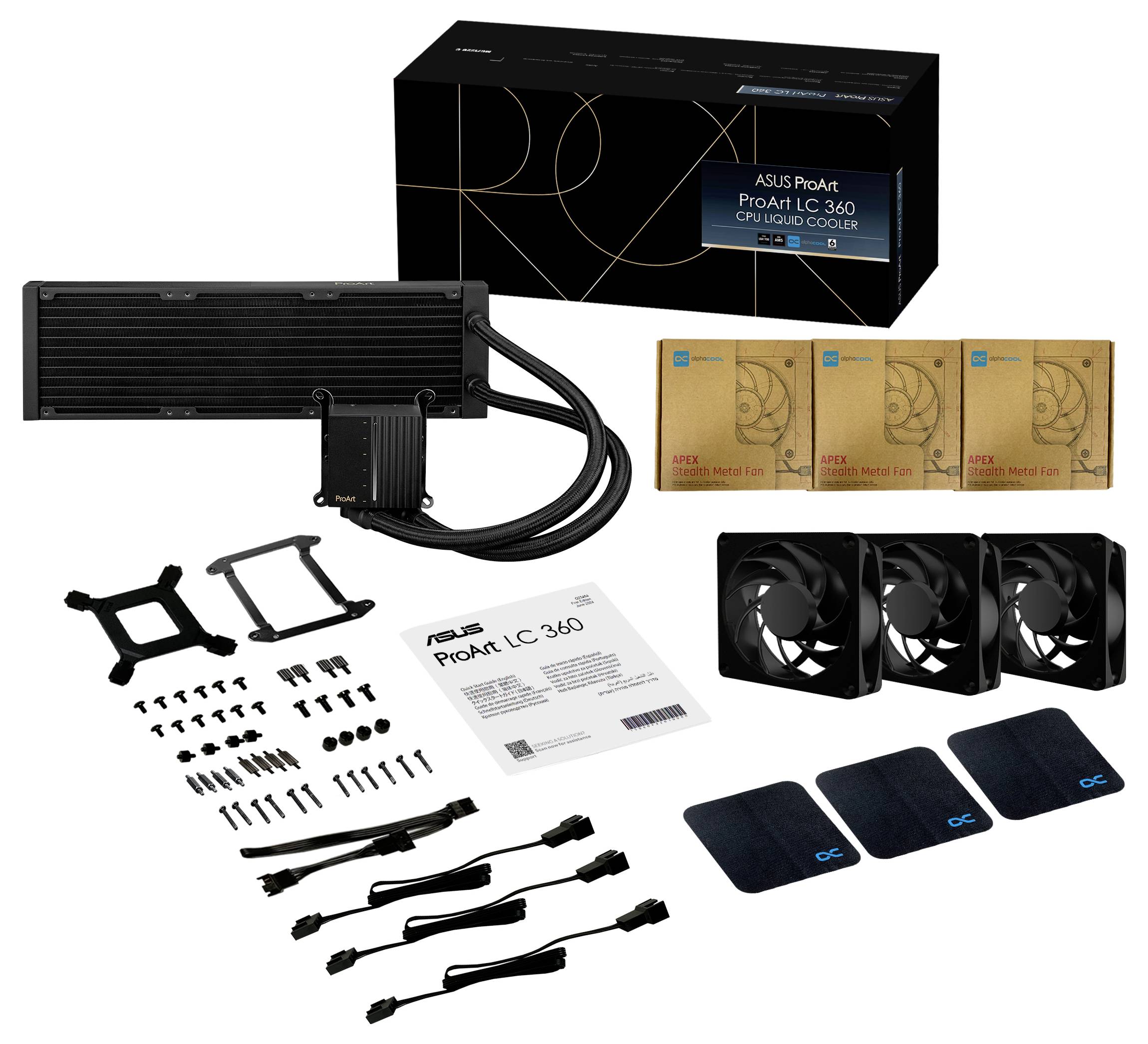 Un refroidisseur liquide ASUS ProArt LC 360 avec son emballage, comprenant le radiateur, les ventilateurs, les vis et le manuel pour le refroidissement du processeur.