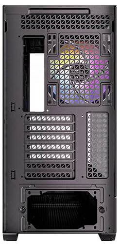 Vue arrière d'un boîtier d'ordinateur avec grilles de ventilation, ventilateur multicolore rétroéclairé et plusieurs emplacements pour cartes d'extension.