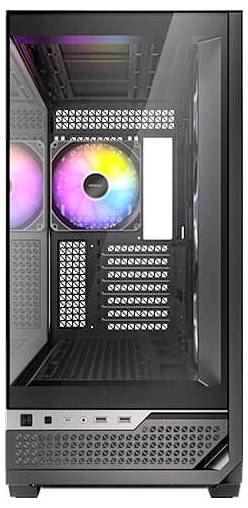 Boîtier PC noir avec fenêtre latérale transparente, montrant un ventilateur rétroéclairé RGB et plusieurs emplacements d'extension.