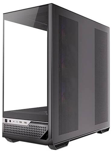 Boîtier d'ordinateur noir avec panneau latéral transparent, présentant un design élégant et moderne, adapté aux projets de construction de PC.