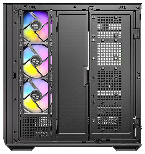 Boîtier d'ordinateur avec trois ventilateurs RGB sur le côté gauche, surface perforée à droite pour la circulation de l'air, adapté aux configurations de gaming.
