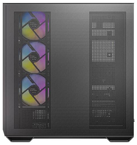 Boîtier d'ordinateur avec trois ventilateurs RGB colorés sur le côté gauche. La façade est conçue avec un motif quadrillé.