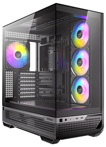 Un boîtier de tour PC vide et transparent avec des ventilateurs RGB à l'intérieur ; adapté aux projets de construction d'ordinateur personnalisés.
