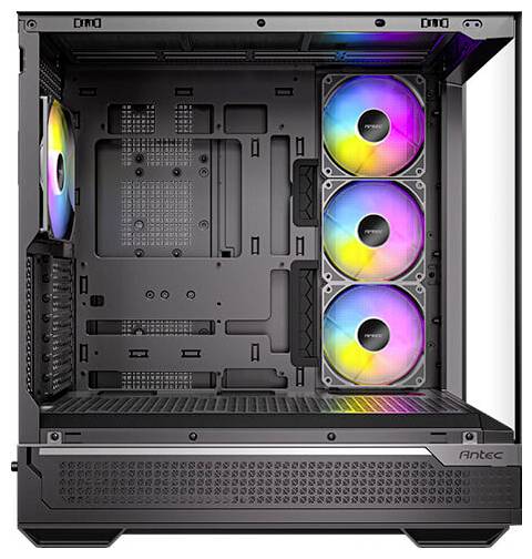 Un boîtier d'ordinateur ouvert avec trois ventilateurs RGB lumineux sur le côté droit et un à l'arrière, prêt pour l'installation de composants.