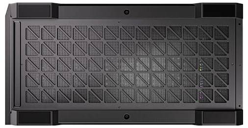 Une unité de serveur informatique noire avec une grille sur le dessus et des voyants lumineux de statut sur la droite.