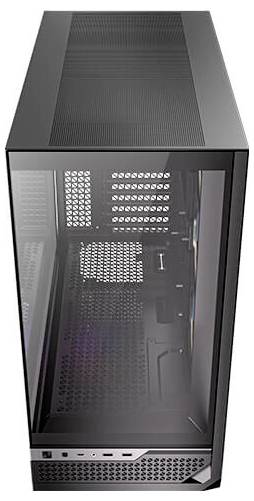 Boîtier d'ordinateur noir avec fenêtre en verre, montrant une grille de ventilation interne et des baies, adapté aux PC de gaming.