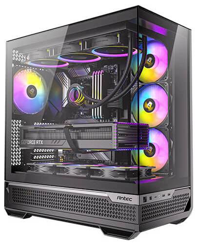 Un PC de jeu moderne avec un boîtier transparent, montrant des ventilateurs rétroéclairés RVB et une carte graphique GeForce RTX.