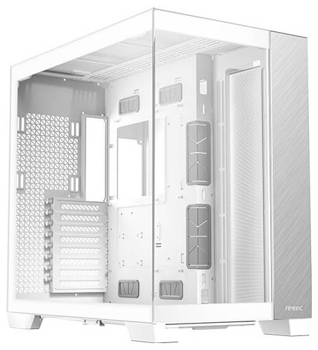 Un boîtier d'ordinateur blanc et vide d'Antec avec un panneau latéral transparent offrant un aperçu de l'intérieur.