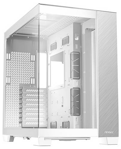 Un boîtier d'ordinateur blanc avec des panneaux latéraux transparents révèle plusieurs emplacements d'extension et de l'espace pour les composants.