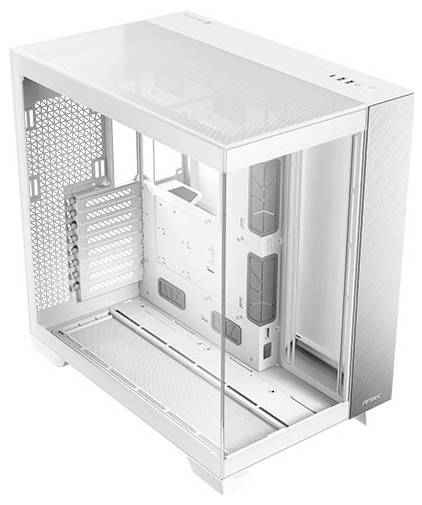 Un boîtier d'ordinateur blanc aux parois latérales transparentes, sans composants internes installés, au design moderne et minimaliste.