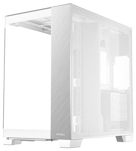 Un boîtier d'ordinateur blanc avec des panneaux latéraux transparents et un design minimaliste.