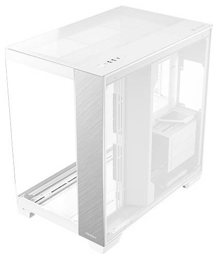 Boîtier d'ordinateur de bureau blanc, avec fenêtre latérale visible, permettant un aperçu des composants internes ; design épuré et moderne.
