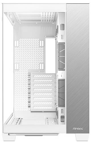 Boîtier PC blanc et vide d'Antec, vu de face. À l'intérieur, on peut voir les emplacements de montage pour les composants matériels.