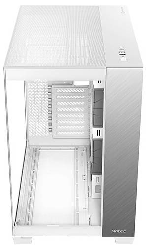 Boîtier d'ordinateur blanc avec espace intérieur visible, orientation verticale. Façade avant et côtés transparents, adapté pour la construction de PC.