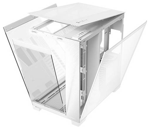 Un boîtier d'ordinateur blanc avec des panneaux latéraux ouverts et un plexiglas transparent. Idéal pour la présentation des composants internes.