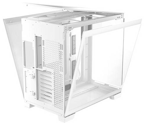 Un boîtier d'ordinateur blanc avec des panneaux latéraux ouverts et beaucoup d'espace pour les composants internes, adapté aux bricoleurs informatiques.
