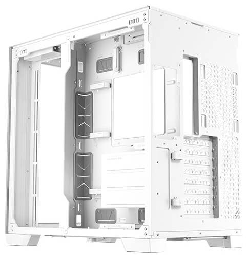 Un boîtier PC blanc sans composants. Il offre de la place pour plusieurs ventilateurs et présente de nombreuses ouvertures à l'arrière pour les câbles.