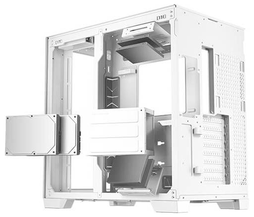 Un boîtier d'ordinateur ouvert, blanc, avec des éléments modulaires. Plusieurs emplacements et zones de montage pour des composants matériels sont visibles.