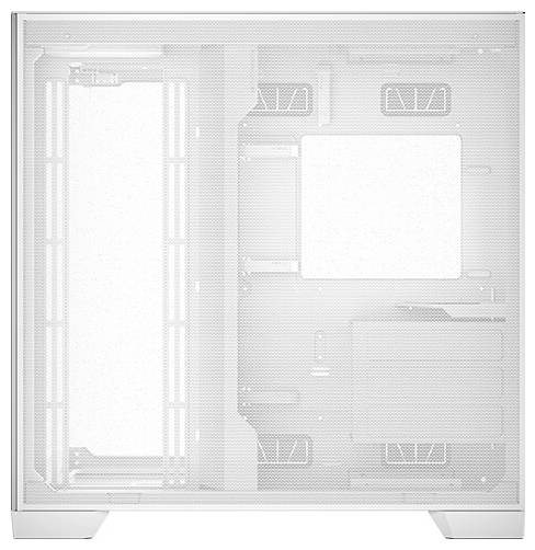 Un boîtier d'ordinateur blanc avec un panneau latéral transparent, offrant une vue sur l'intérieur, adapté pour le montage de composants PC.