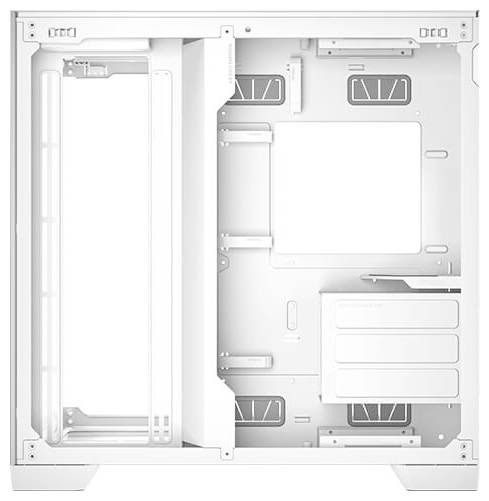 Boîtier d'ordinateur blanc vide avec des fentes de ventilation visibles et de l'espace pour la carte mère et les lecteurs, sans composants installés.