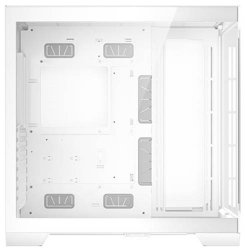 Un intérieur vide et blanc d'un boîtier d'ordinateur, avec plusieurs points de montage pour ventilateurs et des passages de câbles visibles.