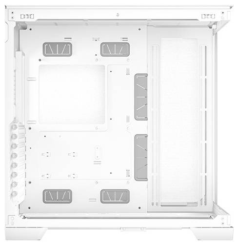 Un boîtier d'ordinateur blanc avec de l'espace pour la carte mère et les ventilateurs, des découpes de gestion de câbles visibles et des supports pour cartes d'extension.