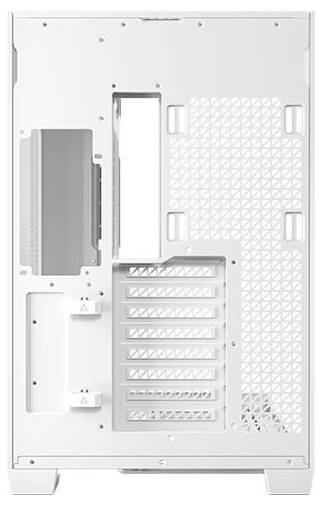 Un boîtier PC blanc, vue arrière, avec des ouvertures pour les connexions, des grilles de ventilation et sept cache-slots PCI.